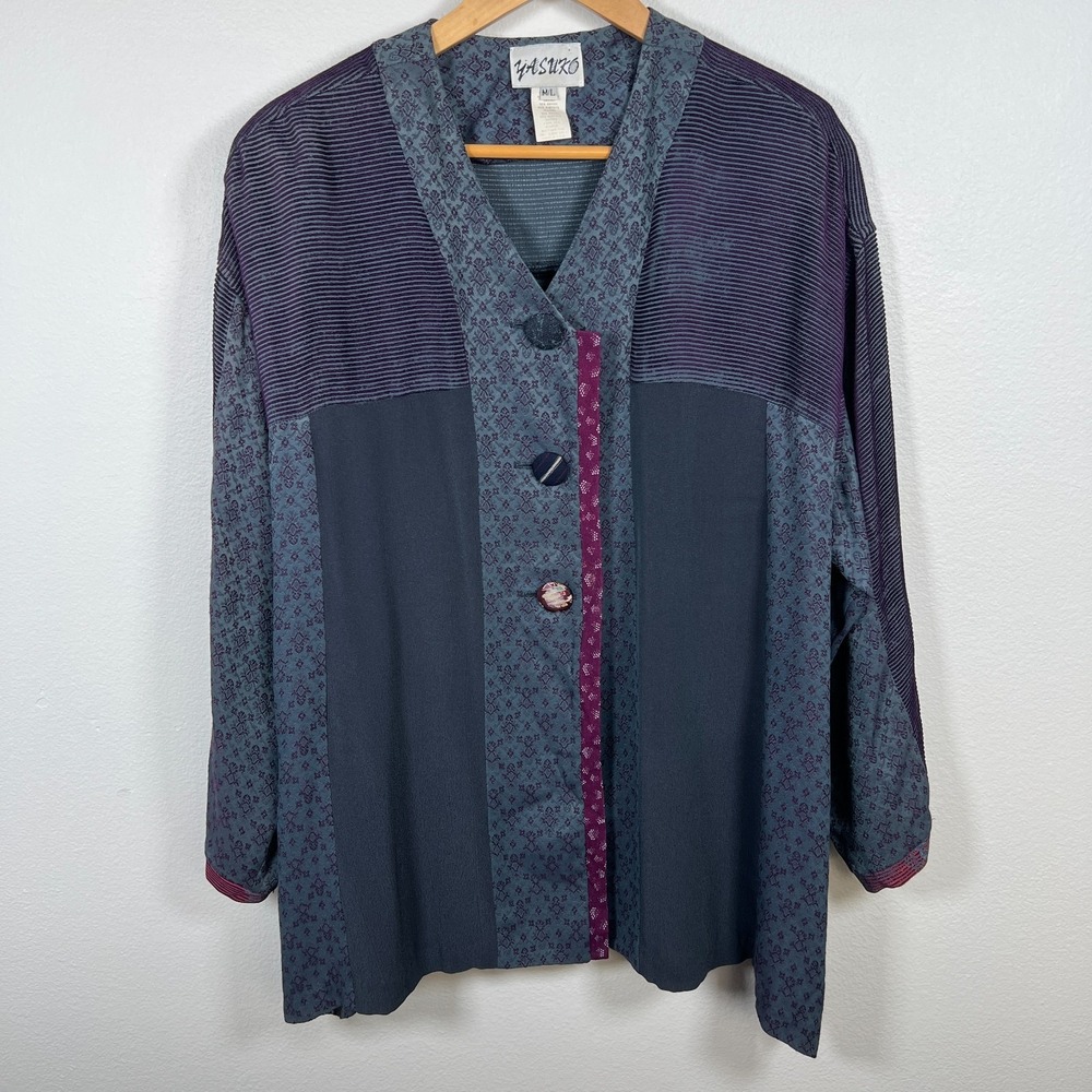 Yasuko Art To Wear Jacket M/L Jacquard Chenille Mixed Media Lagenlook Gray USA